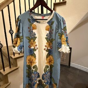 FARM Rio Blue and Cream Floral T Shirt Dress Size L